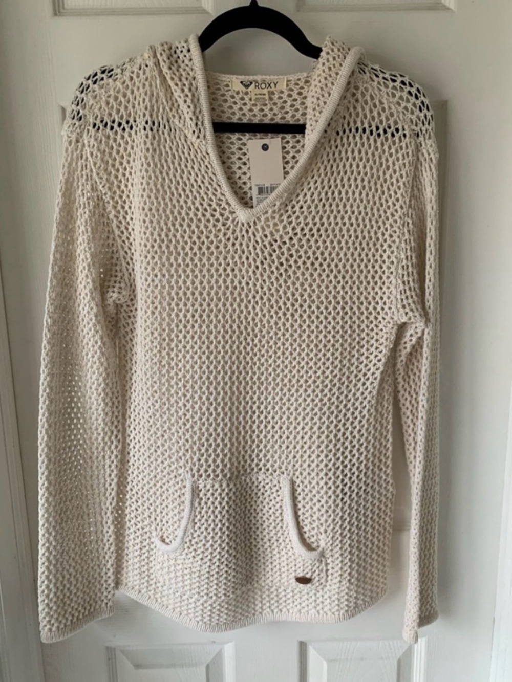 NWT Roxy White Open Knit Crochet Hooded Sweater XL